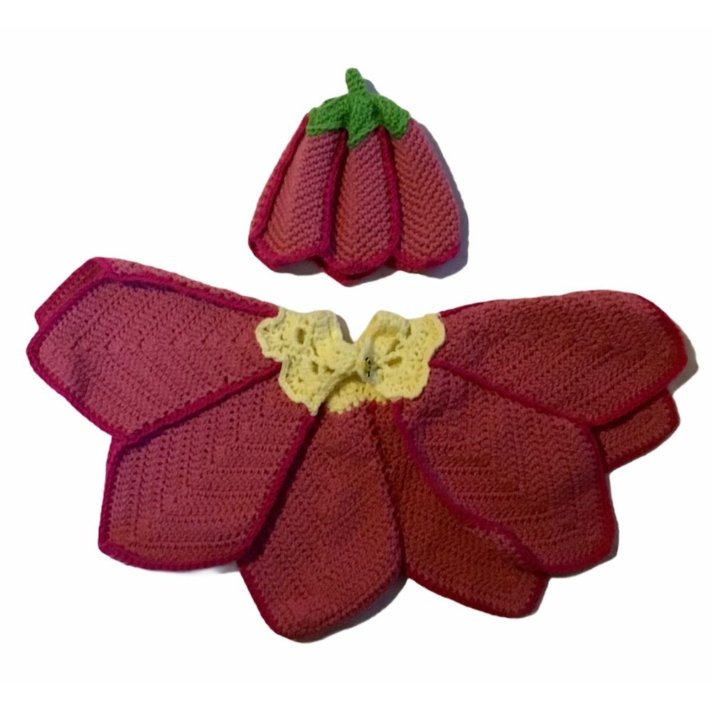 Baby Homemade Crocheted Flower Cape Strawberry Hat Cap Salmon Pink Yellow New